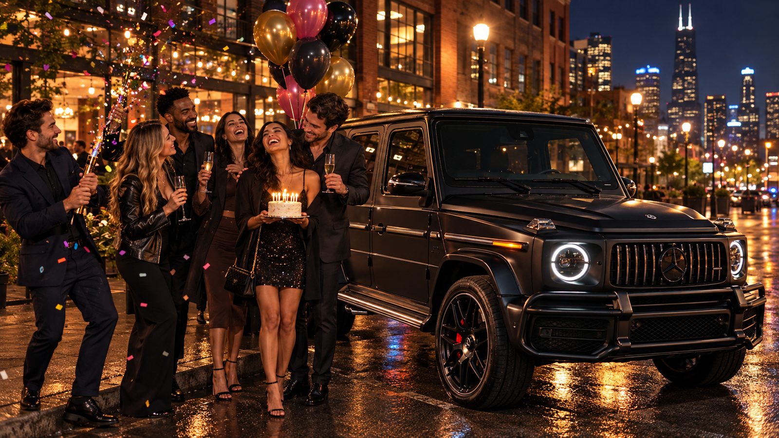 A birthday celebration beside a black Mercedes-AMG G63 on a Chicago street at night