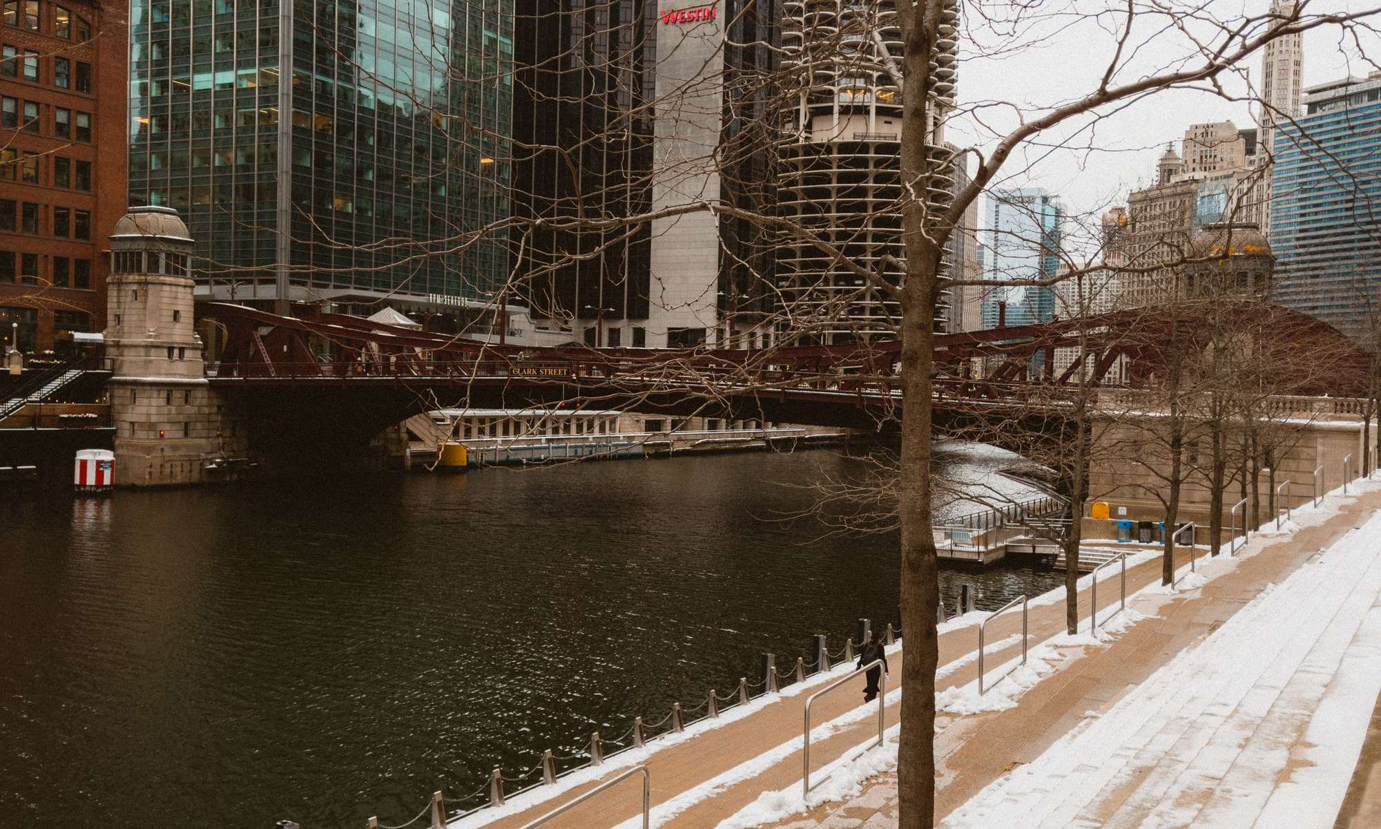 The Chicago River in winter snow